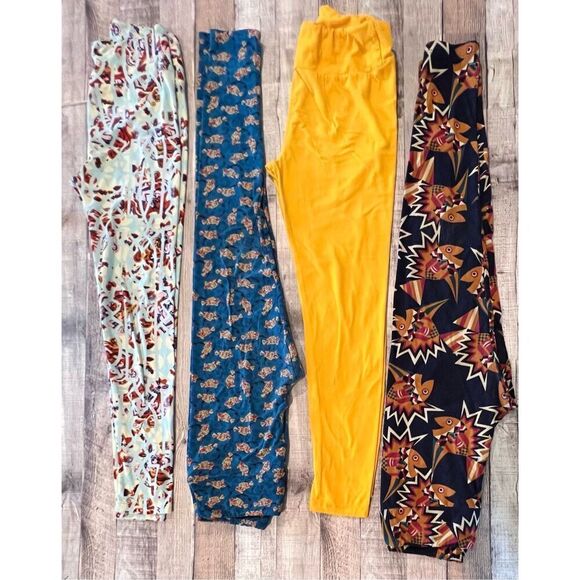 LuLaRoe (4) Lot One Size Leggings Fish Yellow Geometric Fun Colorful Fits 2-10 - Picture 1 of 12